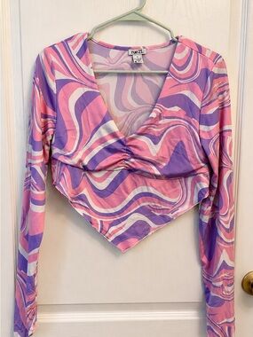 rue21 Pink & Purple Swirl V-Neck Long Sleeve Crop Top